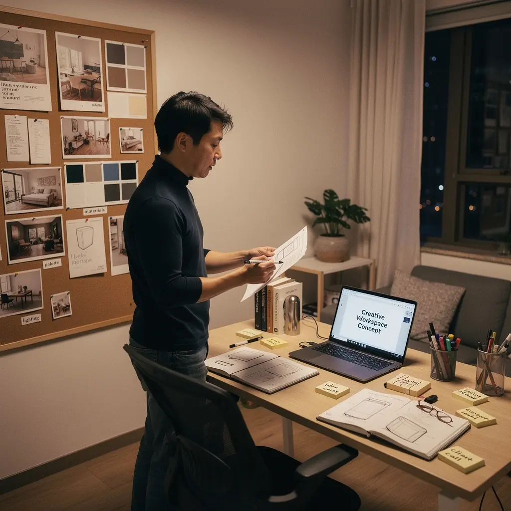 Nowoczesne biuro domowe w małym mieszkaniu z inteligentnym oświetleniem.