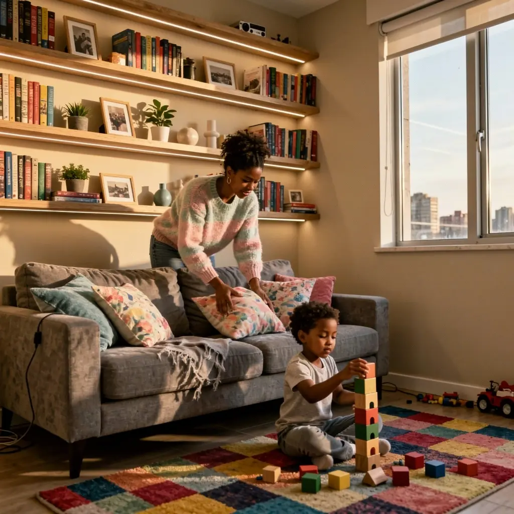 Przykład łazienki w małym apartamencie, z wbudowanymi półkami i efektywnym oświetleniem, maksymalizującym przestrzeń.